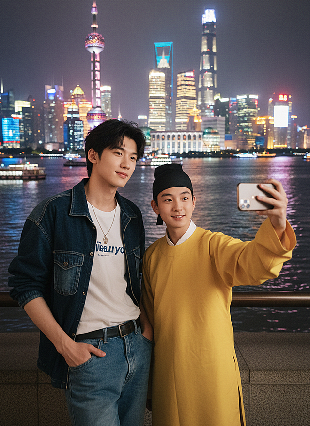 帮图1男生生成一张和图2人物在上海外滩的自拍合照，图2的人物要真实服装不变，图片要求真实感强，细节丰富，一张非常真实的合照