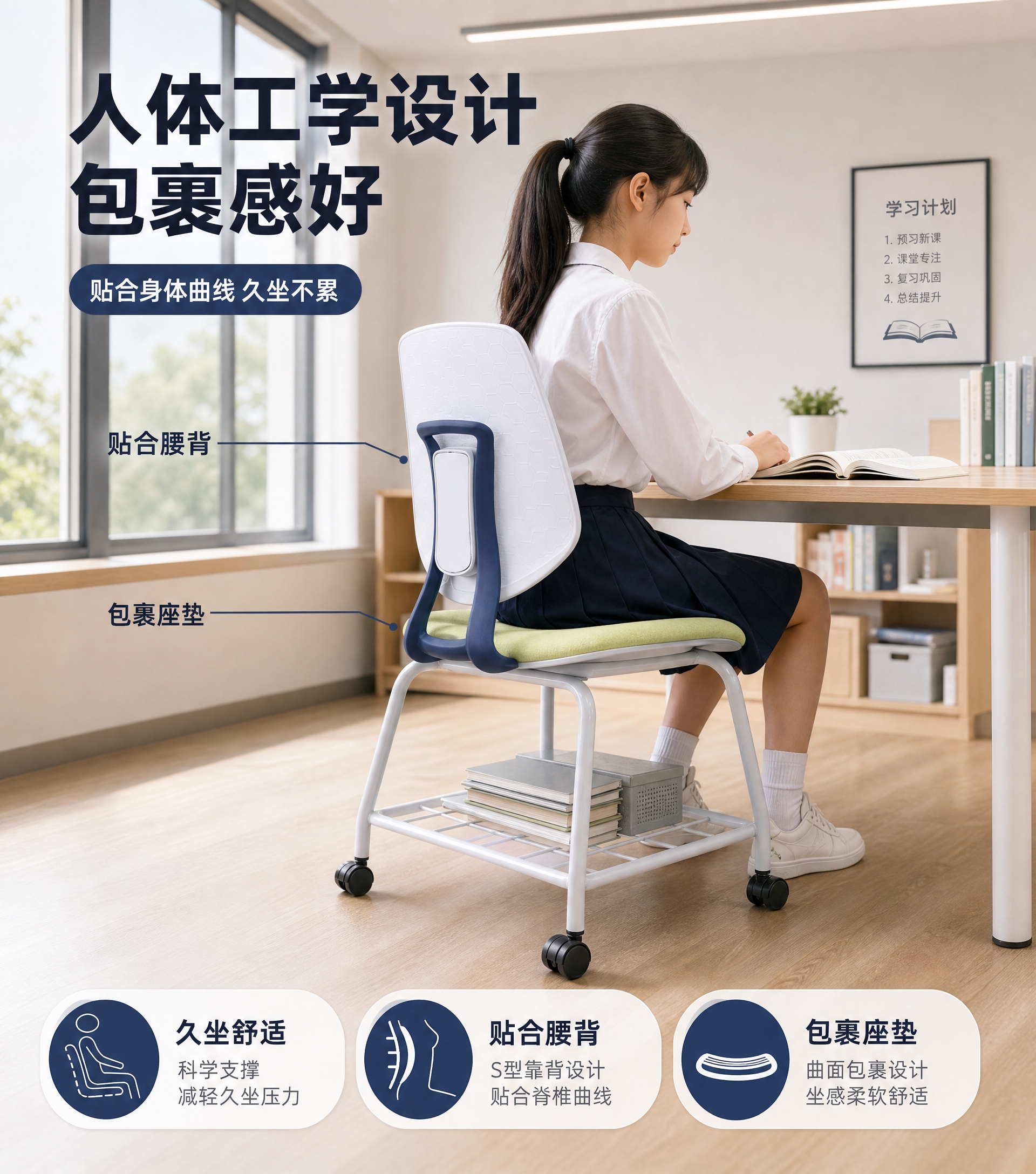 [主图-2] 功能与人体工学图：真人中学生试坐，可视化座椅包裹… - 图片创意预览