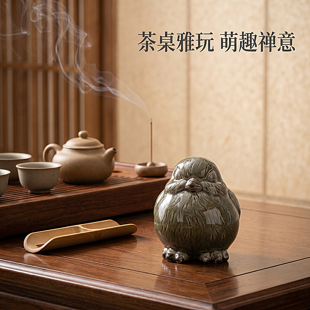 [主图 3] 禅意陶瓷小鸟摆件整体茶桌场景展示
[氛围风格] 新中式禅意风，茶室氛围感
[画质] 商业摄影质感，光线柔和通透，产品清晰真实，画面干净高级
[元素] 完整展示圆润小鸟摆件整体造型，放置在新中式茶室的实木茶桌上，旁侧搭配功夫茶具和线香，背景是宣纸木色墙面，营造静谧禅意氛围。保持产品整体造型、釉面颜色与输入产品图绝对一致，杜绝任何变形和色差。商品主体占比约65%，画面满屏无边框
[光影] 柔和自然光从侧面射入，整体光影雅致静谧，突出陶瓷温润光泽
[配色] 整体木色浅灰调，素雅干净，符合禅意气质
[视角构图] 平视45°角，完整展示产品整体造型和摆放场景，背景浅景深虚化
[文字版式] 右上角横排标题 "茶桌雅玩 萌趣禅意"，深灰色字体，清晰不遮挡主体
[比例分辨率] 1:1 比例，2k 分辨率，文字清晰锐利，超高清
[负向提示词] 变形，水印，文字错乱，产品图模糊，背景杂乱，配色刺眼，遮挡主体，尺寸标注，礼盒包装