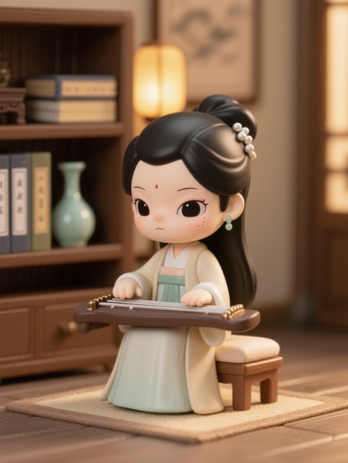 古代大家小姐，身着淡雅襦裙，乌黑长发松松挽起，发间点缀简约珠钗，面容温和恬静，眼神专注而柔和，正端坐于铺着浅色软垫的木凳上，双手轻握古朴古琴，指尖即将拨动琴弦，背景是雅致的书房一角，书架上摆放着线装古预览效果