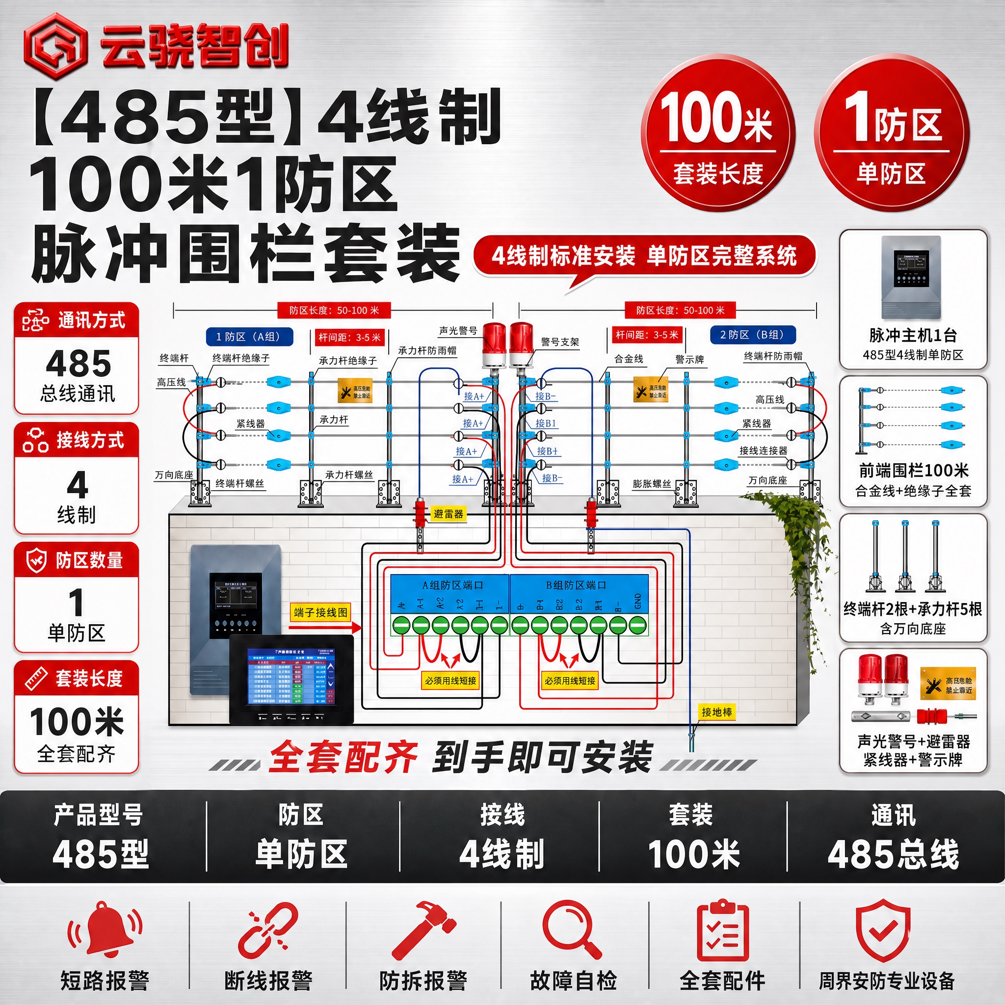 [单张主图] 【485型】4线制【100米】1防区脉冲围栏套装… - 图片创意预览