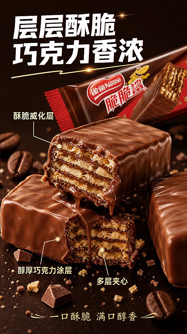 [第2张 口感质地特写]

[商品] 雀巢脆脆鲨威化饼干；保留小条包装细节。

[画面] 页面目标：展示威化酥脆口感和巧克力涂层质感。微距特写型。画面中央为掰开的脆脆鲨威化，清晰展示多层酥脆夹心和外层巧克力涂层，巧克力微微流淌，碎屑散落周围；旁边有完整的威化条做对比；背景有咖啡豆和巧克力碎点缀；上方有小条包装露出一角。景别微距特写，威化占画面约50%。

[视觉] 风格=抖音内容电商风 食欲感 暖棕色调；标题字=粗黑体 厚重有力；正文字=简洁无衬线体；主色=巧克力棕+深咖+金色；背景延展=深棕色渐变，暗调突出食物光泽；强调色=金色；标题色=白色/金色；正文色=浅米色；组件=引线标注、口感标签；光影=侧逆光，突出巧克力光泽和威化层次，高级商业食品摄影。

[文字] 顶部主标题：粗黑体白字"层层酥脆 巧克力香浓"；引线标注："酥脆威化层"、"醇厚巧克力涂层"、"多层夹心"；底部金色小字："一口酥脆 满口醇香"。文字全部横排，放在画面边缘不遮挡主体。

[规格] 比例9:16竖版，负向：变形、错字、糊字、伪Logo、主体遮挡、背景杂乱、低清晰度、悬浮、水印、平台logo、竖排文字。