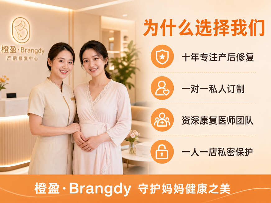 [主图-5] 橙盈产后修复口碑优势展示；[氛围风格] 真实温暖，专业可信，整体暖橙风格统一；[画质] 商业摄影质感，光线柔和通透，画面干净高级；[元素] 画面左侧展示产后妈妈温馨真实店内合影，右侧是门预览效果