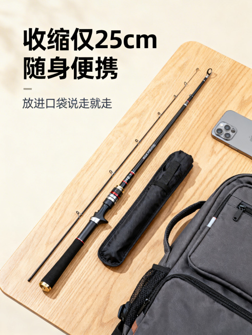 [主图主题] 小物钓鱼竿便携性展示
[氛围/风格] 简约生活化场景，高清实拍，突出小巧便携
[画面元素] 收缩后的小物鱼竿和日常随身物品（手机、背包）放在一起，对比展示鱼竿收缩后的短小尺寸，放置在干净预览效果