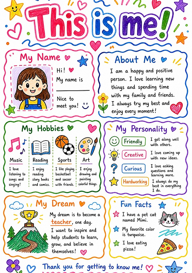 A4 vertical hand-drawn self-introduction poster in marker pen style, pure white background, colorful and lively marker illustration style. The main title at the top reads "This is me!" in big bold marker letters with colorful outline. Below the title are multiple hand-drawn information boxes with wavy borders and doodle decorations. Layout sections include: "My Name" box at upper left with a cute avatar placeholder, "About Me" introduction box, "My Hobbies" box with small doodle icons of music, books, sports, art, "My Personality" box with trait words like friendly, creative, curious, hardworking, "My Dream" box at bottom, and "Fun Facts" corner. All text is in English, handwritten marker style, clear and readable. Scattered marker doodles around: stars, hearts, arrows, wavy lines, confetti, small flowers. Vibrant marker colors: pink, blue, yellow, green, orange, purple. White background with clean margins. Hand-drawn, sketchy, playful, student scrapbook style. High quality marker pen texture, bright saturated colors, clean white paper background.