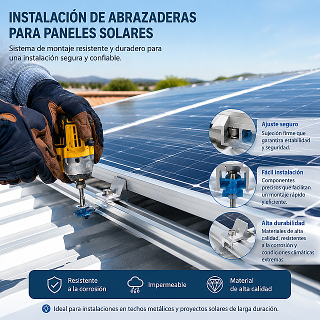 Imagen de escena de instalación para abrazaderas de panel solar, mostrar la situación de instalación en paneles solares en el techo, ambiente de proyecto de energía solar real, texto en español