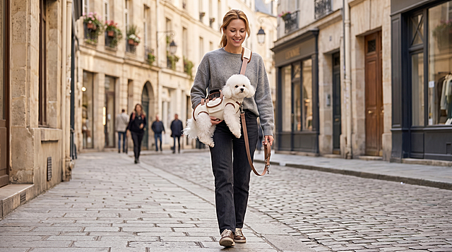 参考图中米白色棕边多功能宠物背包，保持物体主体特征不变，该背包可斜挎也可当牵引绳，场景为欧美女人出门带着狗狗，真实自然，超清画质，细节丰富，16:9比例