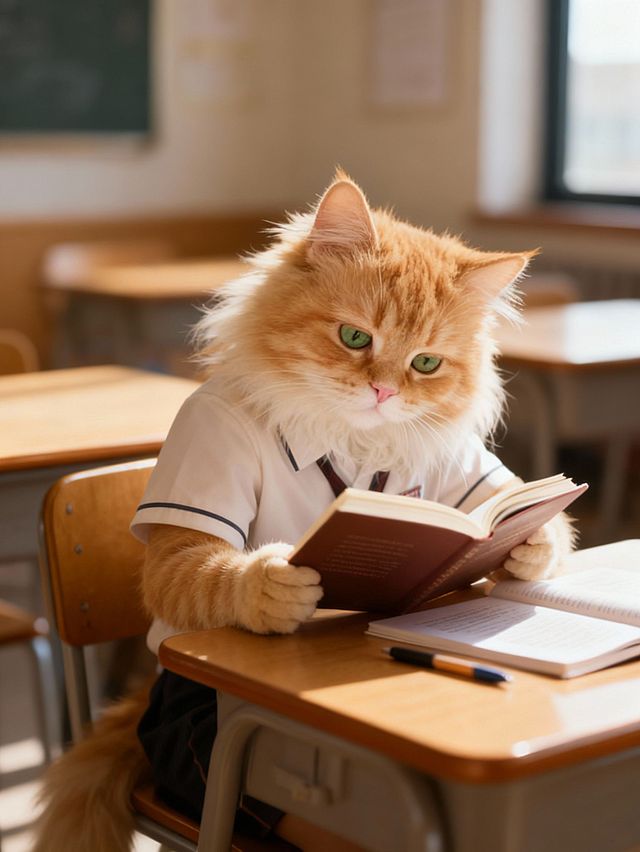 一幅猫拟人化学生在课桌上的场景图。画面中的猫穿着短袖校服坐在课桌前，猫爪握着书，身体微微倾斜，显得有些疲惫。它的眼神中透露出一丝倦意，但依然保持着专注。课桌上摆放着书本、笔，显示出忙碌的学习氛围。背景是教室。