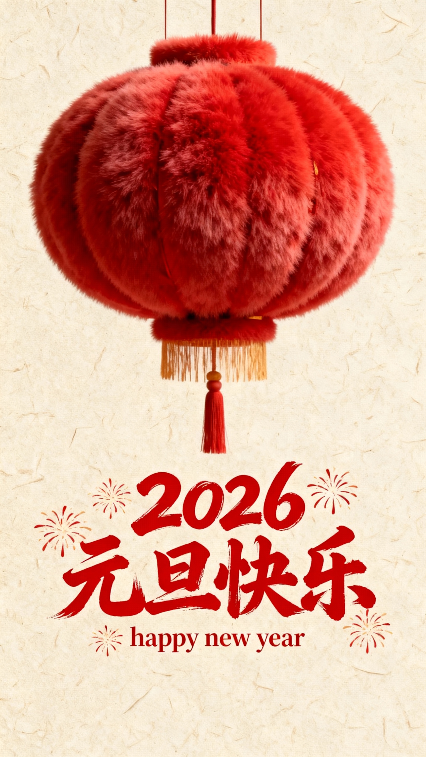 新年祝福海报，上方是毛茸茸的喜庆红灯笼，红色喜庆豪放书法字体“… - 图片创意预览