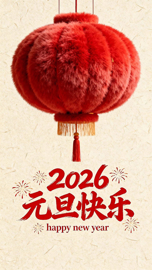 上方是毛茸茸的喜庆红灯笼，红色喜庆豪放书法字体“2026”“元旦快乐”，字体周围装饰点缀小小的烟花，下方衬线体小字“happy new year”，背景是米色纹理