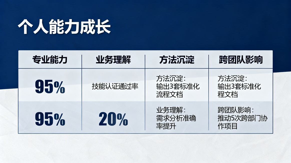 PPT页面，个人能力成长，从专业能力、业务理解、方法沉淀、跨团队影响四个维度展示量化和定性成果，商务专业风格，条理清晰预览效果