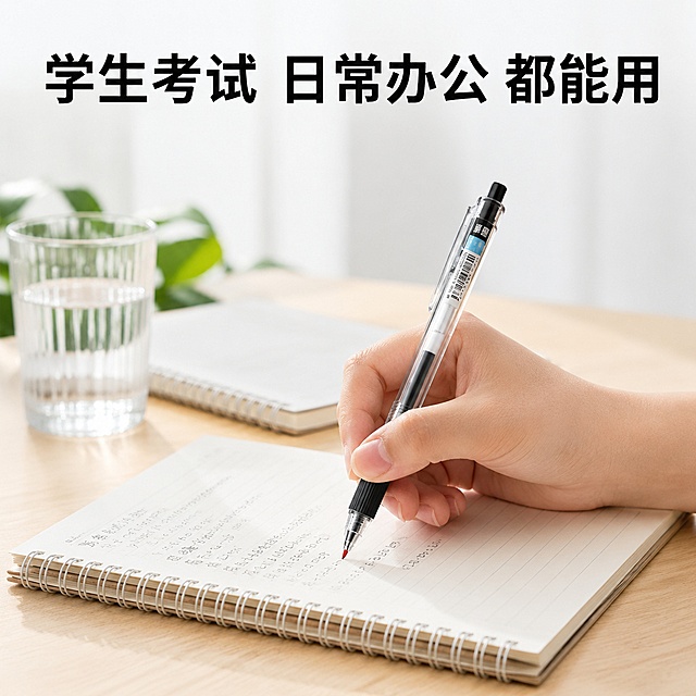 [主图-4]好来星刷题笔多场景适配展示，告诉用户适用场景
[氛围风格]真实学习办公场景，营造代入感
[画质]真实场景商业摄影，自然光线通透清晰
[元素]干净整洁的办公桌面一角，一只手自然握持好来星刷题笔在笔记本上书写，桌面干净摆放笔记本和水杯，好来星刷题笔作为视觉中心，保持产品外观结构材质颜色与原图一致，不遮挡握笔和笔尖书写区域。商品主体占比约65%
[光影]自然光从左侧射入，真实自然，阴影柔和，场景通透
[配色]浅木色桌面+白色笔记本，自然浅色系，突出黑色笔身
[视角构图]平视，聚焦握笔书写动作，景深自然
[文字版式]顶部大标题“学生考试 日常办公 都能用”，文字简洁，不遮挡主体
[输出要求]1:1比例，文字清晰可辨，超高清真实场景摄影质感
[负向提示词]变形，文字错乱，产品图模糊，背景杂乱，水印，电商平台Logo