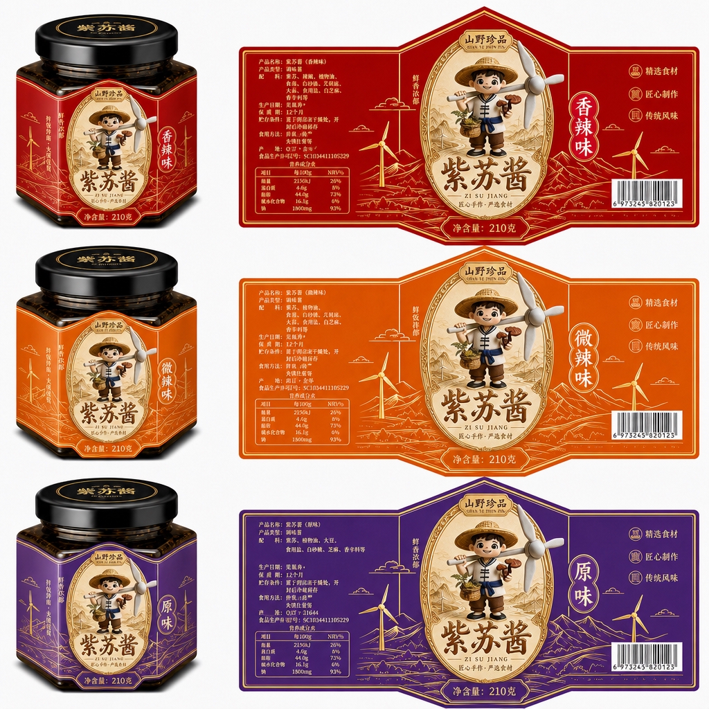 将图二的logo融入到图一三个包装中的瓶贴和旁边标签展开版中：… - 图片创意预览