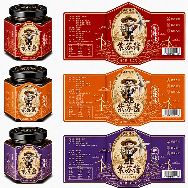 将图二的logo融入到图一三个包装中的瓶贴和旁边标签展开版中：
- 三个版本（红色香辣味、橙色微辣味、紫色原味）的瓶身瓶贴和标签展开版都要加入该logo
- logo位置醒目自然，与整体设计风格协调融合
- 每个版本的瓶贴设计与旁边标签展开版设计保持完全一致
- 保持原有的颜色、瓶型、金边电力风车山等设计元素不变
- 整体高端大气，1K分辨率