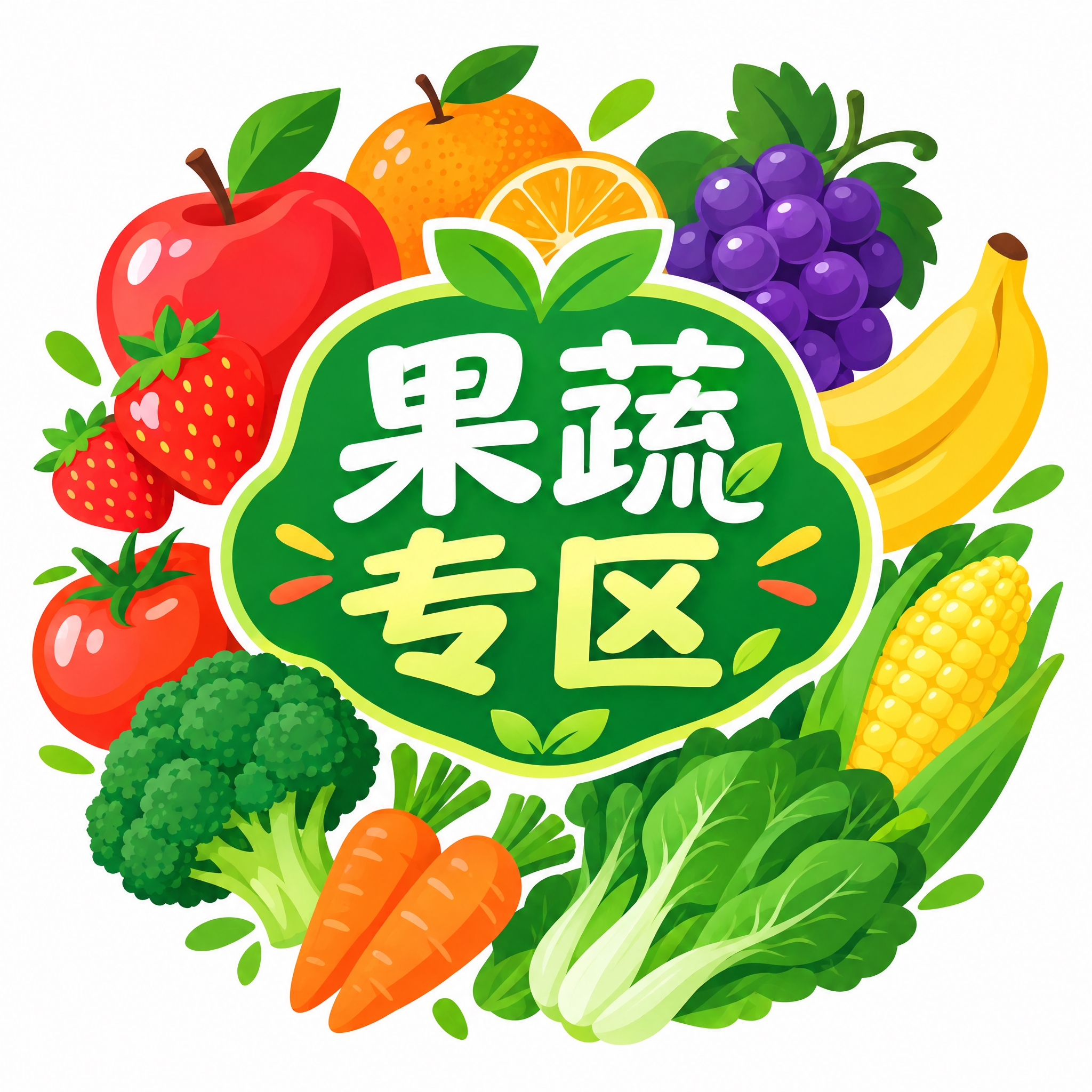 电商商城果蔬专区图标，中心是醒目的'果蔬专区'四个字，字体清新… - 图片创意预览