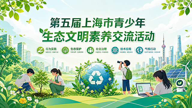 第五届上海市青少年生态文明素养交流活动主KV设计，横向16:9比例，浅绿色环保自然风格，包含活动主题文字“第五届上海市青少年生态文明素养交流活动”，背景使用清新自然的绿色植物和生态元素，体现行为实践、生态保护、社会治理、技术应用与气候行动五个主题，整体风格青春活力，积极向上，适合青少年活动