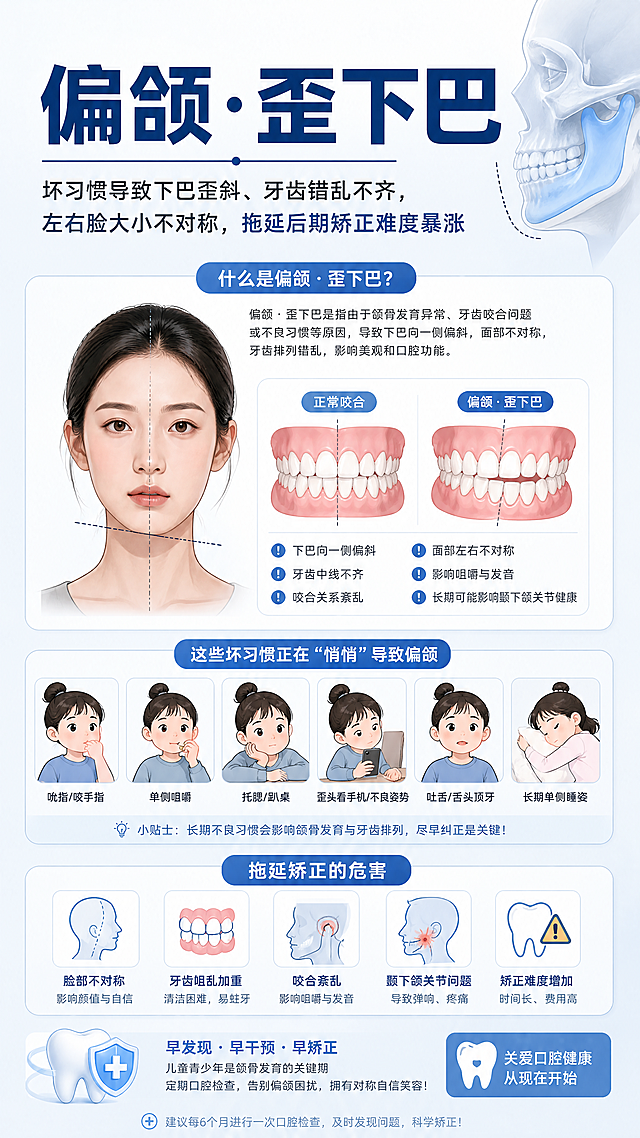 医学科普插画，标题文字"偏颌·歪下巴"，副标题"坏习惯导致下巴歪斜、牙齿错乱不齐，左右脸大小不对称，拖延后期矫正难度暴涨"，整体为口腔健康科普风格，医疗宣传海报设计，清晰专业的医疗图文排版