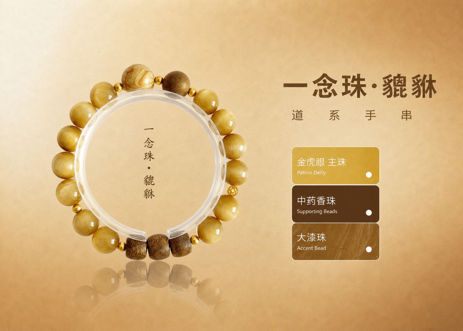 按照之前道系手串宣传图的同款版式模板，将这张金虎眼貔貅手串制作… - 图片创意预览