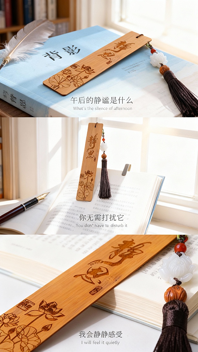 木雕浮雕风书签，融合国潮元素与质朴纹理，光影交错间尽显中式静谧文艺感，实景拍摄传递悠然阅读氛围。