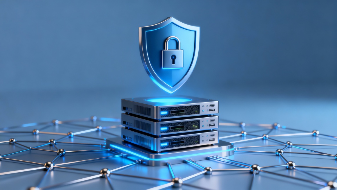 Digital asset protection concept, shield-shaped crypto symbol hovering above stacked servers, cyber预览效果