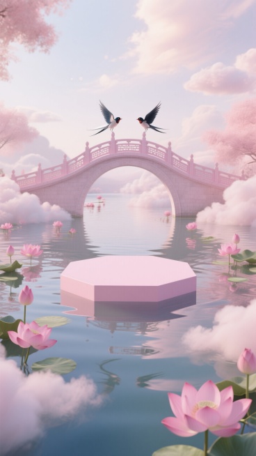 这是一个数码渲染的场景，在水面上有一座程式化的浅粉色中国式拱桥。一个六角形的平台，也是浅粉色和柔和的，坐落在水中，作为一个舞台或展示区域。粉红色的荷花和云彩散落在整个场景中，营造出一种柔和浪漫的氛围。预览效果