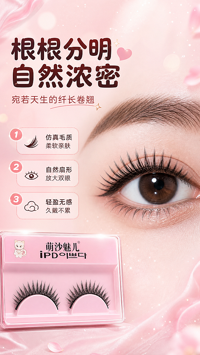 [商品] 使用【图1】萌沙魅儿假睫毛；保留假睫毛黑色、自然扇形、根根分明的毛质、黑色细梗；商品处理：放大睫毛细节，增强毛尖纤细感和毛质蓬松感，不改变睫毛形态和颜色。
[画面] 目标为妆效展示，突出假睫毛上眼后的自然浓密效果；左侧为文字区，右侧为眼部特写微距（占画面约60%），展示佩戴假睫毛后的眼睛局部，睫毛根根分明、自然卷翘，与真睫毛融合自然；背景为柔粉色渐变，点缀细闪和柔和光斑，营造精致美妆感。
[视觉] 套系策略：风格=甜美少女风高级美妆商业摄影；标题字=圆润可爱粗体中文；正文字=简洁无衬线体；主色=樱花粉；背景延展=基于樱花粉做深浅渐变、柔雾质感和纱幔/花瓣元素延展；强调色=玫瑰金，仅用于小面积图标、引线和装饰线条；标题色=深棕红；正文色=暖棕灰；组件=圆角浅粉信息卡、细玫瑰金引线、可爱图标；光影=左前侧柔暖光，产品边缘带柔和轮廓光。
[文字] 左侧上方主标题"根根分明 自然浓密"，副标题"宛若天生的纤长卷翘"，下方3条编号卖点：1. 仿真毛质 柔软亲肤 2. 自然扇形 放大双眼 3. 轻盈无感 久戴不累；文字横向排版，不遮挡眼部主体。
[规格] 图片比例9:16竖版，4K，medium质量，避免变形、错字、文字过小、冷蓝/蓝灰背景、睫毛形态失真、绝对化用语。
