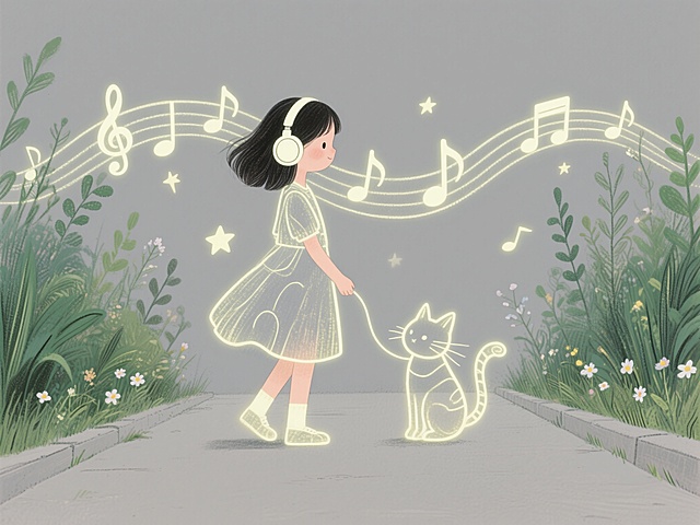 梦幻插画风，女孩与拟人猫咪共舞，音乐符号环绕，营造童话般温馨氛围。