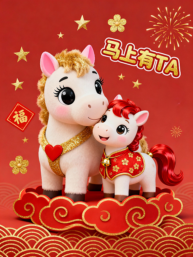 软3D风拟人小马，红金配色喜庆十足，剪纸云纹与鎏金元素点缀，萌趣卡通感满满，传递新年“马上有TA”的甜蜜祝福。