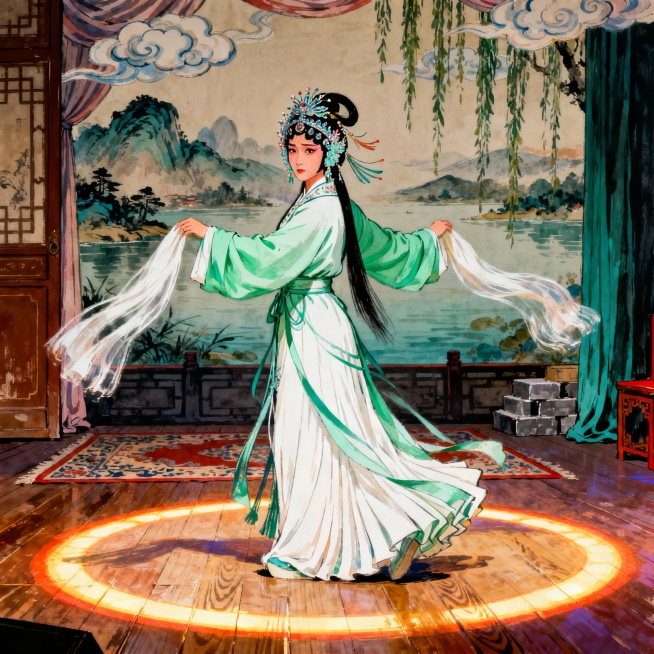 1. 刀马旦出征图
 
角色：穆桂英（刀马旦）
 
姿态：手持梨花枪，背插四面靠旗，金鸡独立式亮相
 
舞台背景：传统透雕戏台，"出将入相"门帘高悬，台口挂满绣金桌围椅披
 
细节：盔头上绒球颤动，靠预览效果