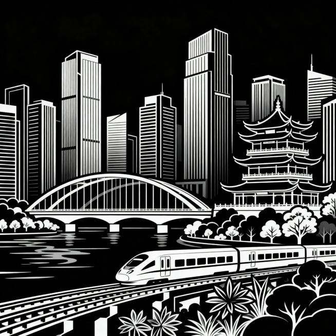 简约线条风格的城市剪影，画面中包含高低错落的现代建筑、横跨河流的大桥、具有飞檐翘角的古代建筑、点缀其间的树木植物，以及一列正在行驶的动车，整体构图平衡，线条流畅，黑白对比鲜明预览效果