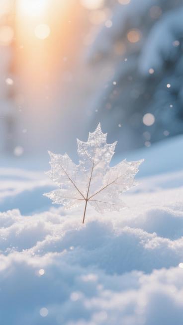 超写实冬季雪景背景，阳光穿透薄雾形成温暖橙黄色渐变光晕，前景覆盖细腻蓬松的白雪，冰晶状枫叶晶莹剔透置于雪地中央，叶片脉络清晰可见，整体画面充满梦幻柔和的散景光斑，冷色调蓝白为主辅以暖光点缀，营造宁静圣洁的冬日氛围，适合作为背景素材使用，无文字及logo元素。预览效果