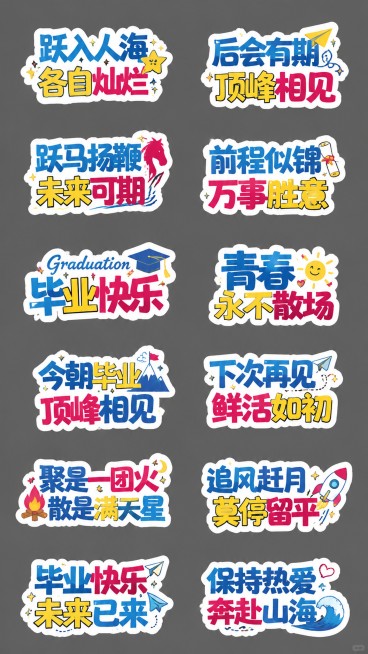 参考图片排版和风格，生成毕业手举牌kt板，保持6行2列共12个贴纸布局，灰色背景，蓝黄红撞色，卡通活泼风格，替换为全新毕业文案：第一行左「跃入人海 各自灿烂」右「后会有期 顶峰相见」，第二行左「跃马扬预览效果