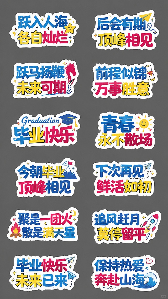 参考图片排版和风格，生成毕业手举牌kt板，保持6行2列共12个贴纸布局，灰色背景，蓝黄红撞色，卡通活泼风格，替换为全新毕业文案：第一行左「跃入人海 各自灿烂」右「后会有期 顶峰相见」，第二行左「跃马扬鞭 未来可期」右「前程似锦 万事胜意」，第三行左「Graduation 毕业快乐」右「青春永不散场」，第四行左「今朝毕业 顶峰相见」右「下次再见 鲜活如初」，第五行左「聚是一团火 散是满天星」右「追风赶月 莫停留平」，第六行左「毕业快乐 未来已来」右「保持热爱 奔赴山海」，每个手举牌都带白色描边，搭配小装饰图标