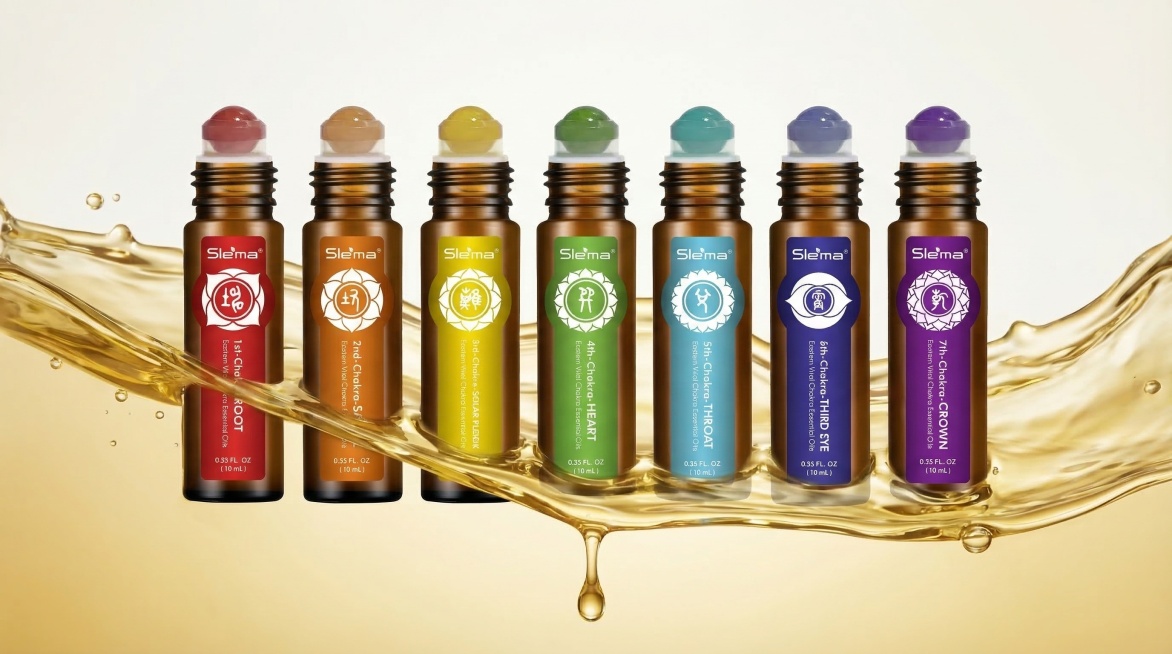 高端商业产品摄影图，将图1的七瓶Slema精油滚珠瓶放入图2的金色精油液体流动场景中，七瓶棕色精油瓶整齐排列，保持所有瓶身原有文字、Logo、彩色标签和滚珠头完整不变，保持瓶身结构不扭曲变形。背景为干预览效果