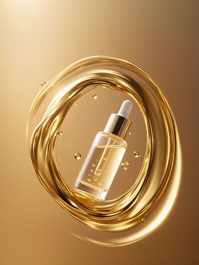 产品周围曲线环绕高光金属质感的金色流动液体、水滴，光线反射细腻，流动光影，背景暖金渐变