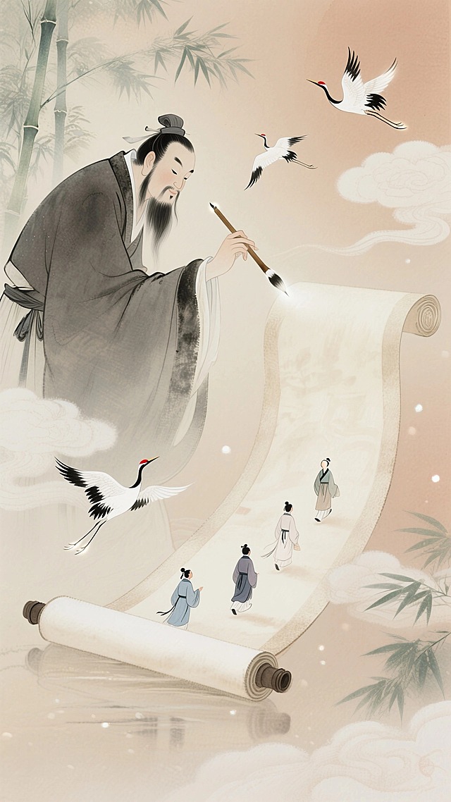 混合细腻彩铅质感，杏色为主色调。一个巨型的夫子（拿着一支毛笔）点着悬浮的蜿蜒不断的巨型卷轴；有几个古代学子行走在卷轴上；背景有飞鹤、祥云；竹子点缀画面。