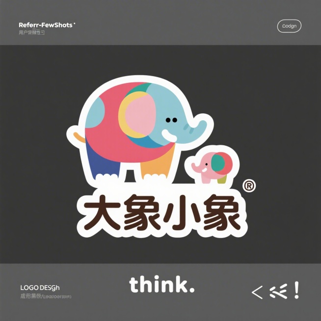 LOGO设计，用抽象胖胖大象与小象和文字“大象小象”完美结合的作品，体现宠物行业理念，抽象艺术，色彩多，扁平化，无背景，预览效果