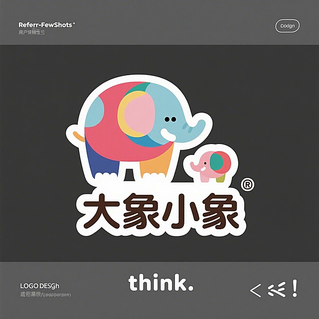 LOGO设计，用抽象胖胖大象与小象和文字“大象小象”完美结合的作品，体现宠物行业理念，抽象艺术，色彩多，扁平化，无背景，