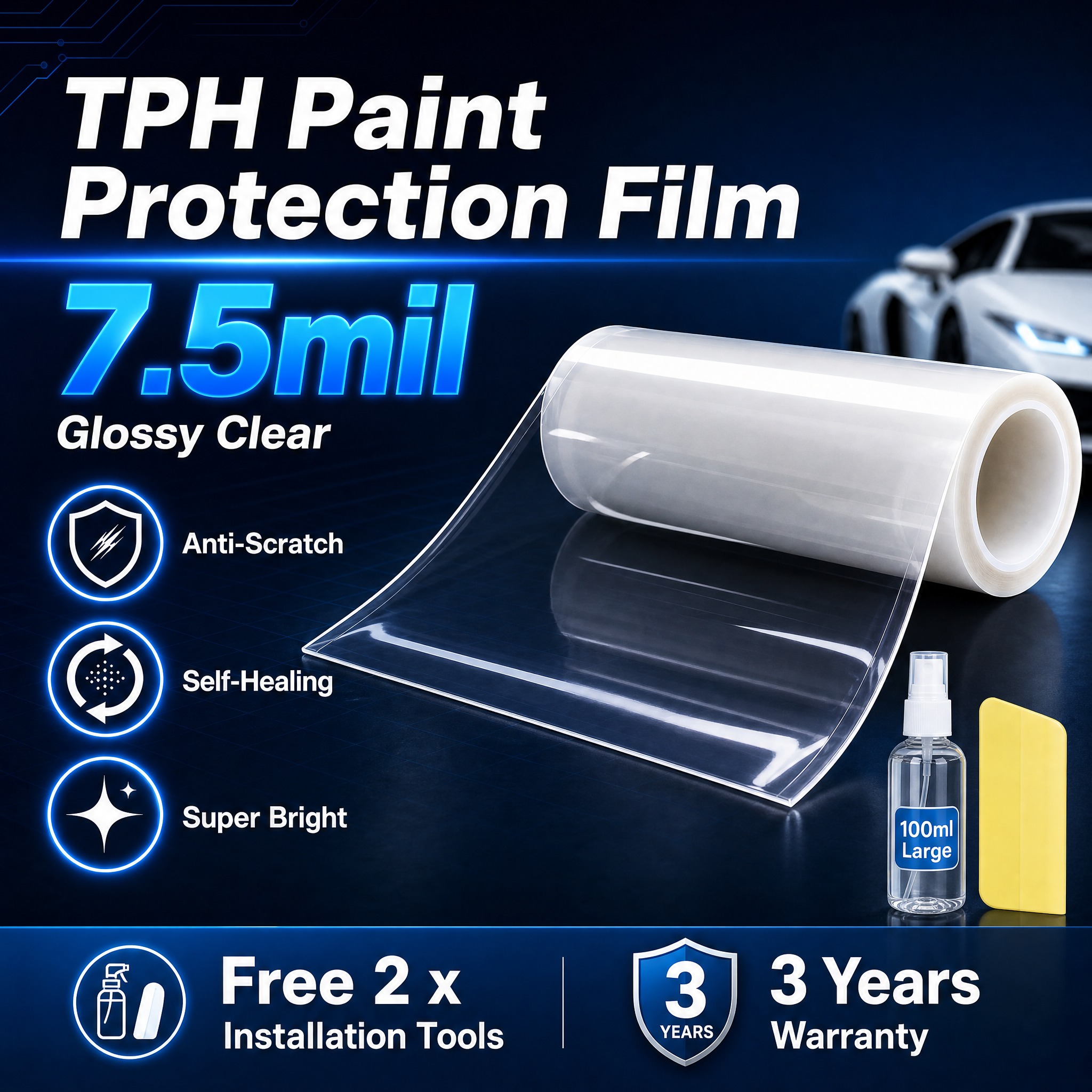 [单张主图] TPH 7.5mil亮面透明车漆保护膜，爆款促销… - 图片创意预览