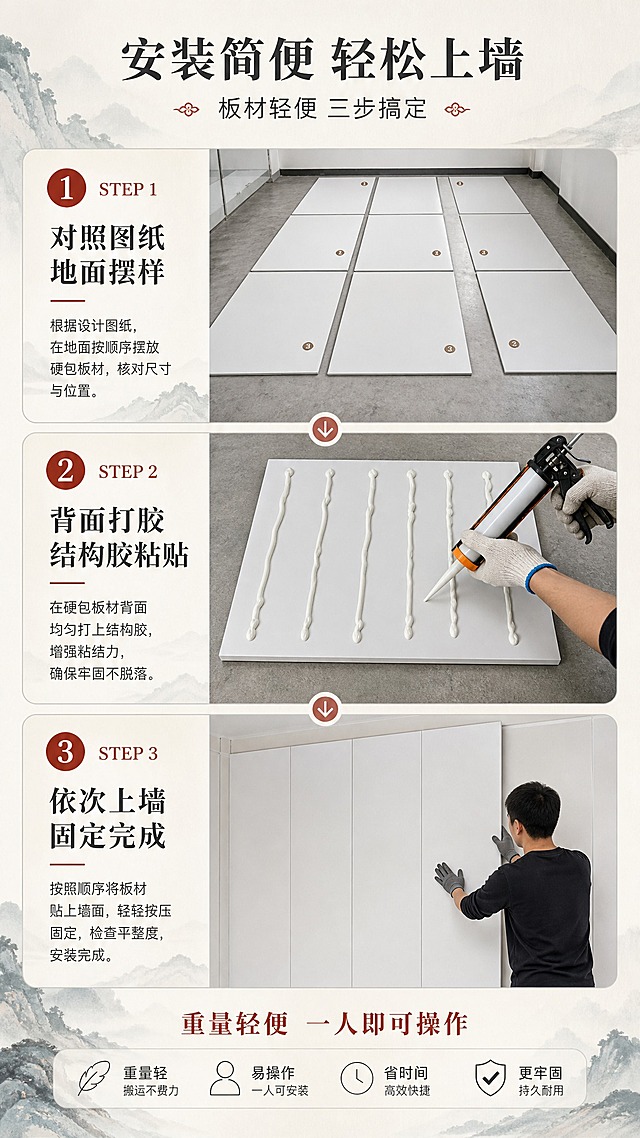[商品] 使用【图6】雪弗板板材图作为硬包基材参考；展示硬包板材的轻便特性与安装过程；板材为白色9mm雪弗板，边缘整齐。
[画面] 目标：安装方法介绍，3步清晰演示，让买家了解安装简便。构图：竖向3步流程图布局，从上至下STEP1、STEP2、STEP3，每步配示意图+文字说明。STEP1：地面按图纸顺序摆放硬包板材；STEP2：硬包背面（无皮革面）打结构胶，展示打胶动作；STEP3：按顺序一块一块上墙固定，展示上墙效果。底部强调轻便好安装。
[视觉] 套系策略：风格=新中式高端雅致商业摄影；标题字=宋体加粗衬线体；正文字=简洁无衬线黑体；主色=米白+青灰山水色调；背景延展=基于米白、浅灰做深浅层级与同色渐变，搭配细腻纸张纹理；强调色=朱砂红，用于步骤编号圆圈；标题色=深炭灰；正文色=中暖灰；组件=圆角步骤卡、带编号圆圈、箭头引导线、安装工具示意图；光影=均匀明亮的施工场景光，清晰展示每步动作。
[文字] 顶部主标题"安装简便 轻松上墙"，副标题"板材轻便 三步搞定"；STEP1文字"对照图纸 地面摆样"，STEP2文字"背面打胶 结构胶粘贴"，STEP3文字"依次上墙 固定完成"；底部补充"重量轻便 一人即可操作"。所有文字横排。
[规格] 图片比例9:16竖版，分辨率2K，避免变形、错字、文字过小、步骤混乱、安装动作不合逻辑。