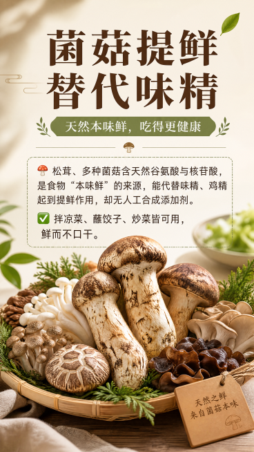 简约大气美食科普海报，适合发社群，主题为为什么松茸/菌菇能替代味精。完整保留用户原文：🍄 松茸、多种菌菇含天然谷氨酸与核苷酸，是食物“本味鲜”的来源，能代替味精、鸡精起到提鲜作用，却无人工合成添加剂预览效果