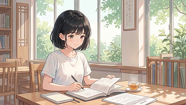 安静图书馆内，白天柔和自然光，女主林星按照参考图的五官模样发型生成，林星报名了文理分享成长会，正在图书馆里认真准备演讲资料，整体治愈清新二次元国风校园动画风格，柔和马卡龙低饱和度色调，光影细腻唯美，安静氛围