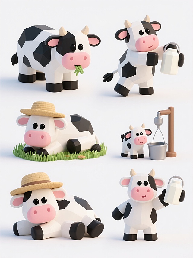 白色背景上，六个不同姿态和场景的3D卡通奶牛形象规整排布组成系列素材集合，保持圆润可爱的3D低多边形风格，奶牛主体为黑白相间的块状花纹，粉色鼻头和耳朵内侧，黑色蹄子，明亮有神的黑色眼睛，每个奶牛元素内容完全不同，可能包括：站立吃青草的奶牛、躺着休息的奶牛、戴着草帽的奶牛、与小牛玩耍的奶牛、挤奶场景中的奶牛、举着牛奶桶的奶牛，整体画面简洁明快，风格统一，视觉元素清晰突出，适合作为系列主题素材使用。