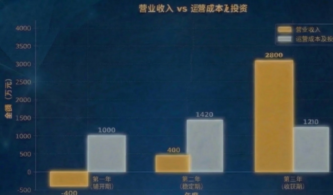 保持原图整体风格、其他内容不变，删除第一年0刻度以上标注-400的橙色柱状图（向上部分），仅保留0刻度以下向下延伸的-400橙色柱状图（向下部分），调整布局保持协调预览效果