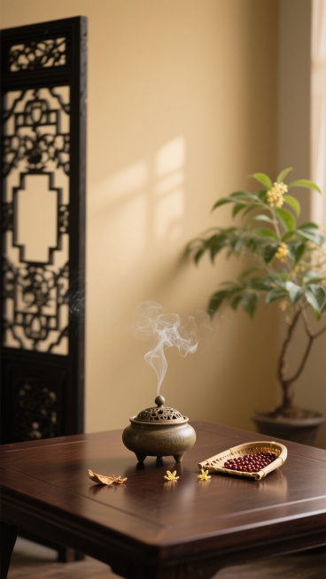温馨雅致的室内场景，柔和温暖的米黄色背景墙，左侧有一个黑色镂空雕花的中式屏风，右侧摆放着一株翠绿的绿植增添生机。前景是一张深棕色的木质桌面，桌面上放置着一个古朴的陶瓷香炉，袅袅青烟正从炉中缓缓升起，旁边散落着几片干枯的桂花花瓣，一个小巧的竹编簸箕里盛满了饱满的红豆，整体画面散发着宁静悠远的东方禅意，光影柔和细腻，营造出舒适放松的氛围。预览效果