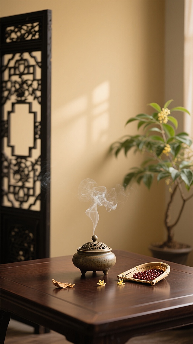 温馨雅致的室内场景，柔和温暖的米黄色背景墙，左侧有一个黑色镂空雕花的中式屏风，右侧摆放着一株翠绿的绿植增添生机。前景是一张深棕色的木质桌面，桌面上放置着一个古朴的陶瓷香炉，袅袅青烟正从炉中缓缓升起，旁边散落着几片干枯的桂花花瓣，一个小巧的竹编簸箕里盛满了饱满的红豆，整体画面散发着宁静悠远的东方禅意，光影柔和细腻，营造出舒适放松的氛围。