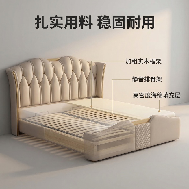 基于提供的米白色软体皮床，生成轻奢法式+现代经典风格拼多多主图，1:1比例。床架结构展示，床体半透视效果，清晰展示内部加粗实木框架、静音排骨架、高密度海绵填充层结构，用金色细引线标注各部分名称。背景为预览效果