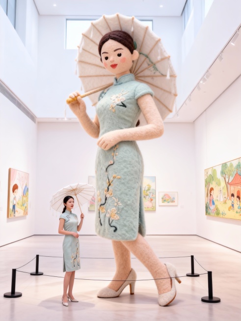 把图片主体做成充满创意和梦幻色彩的绘本风格的巨型毛毡艺术卡通风格雕塑放置在画面中心（主体的穿搭保持不变），主体站在一旁欣赏（与巨型主体形成比例反差），围栏隔离展示，背景是明亮的艺术展厅预览效果