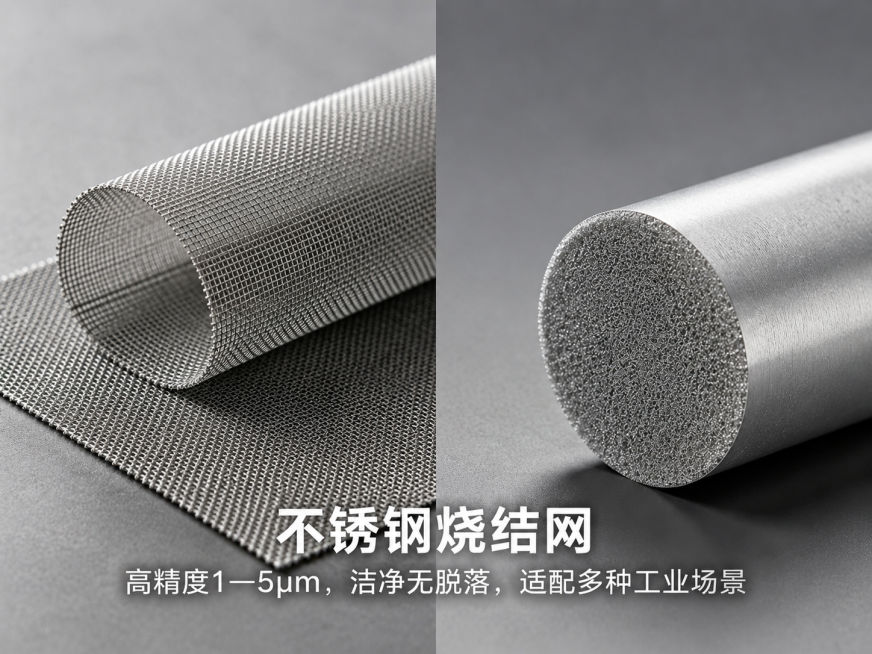 左右分栏产品展示图，左侧卷起来的不锈钢烧结网片，右侧圆柱形烧结网产品，配文：不锈钢烧结网 高精度1—5μm，洁净无脱落，适配多种工业场景，写实工业风，真实产品摄影，去掉所有品牌logo，原图尺寸不变预览效果