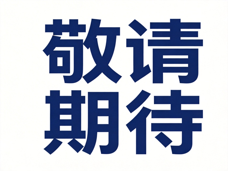 干净的纯白色背景。平面艺术字体设计，四个字"敬请期待"，所有文字单行横向排列（现代无衬线黑体风格，字形结构平衡，笔画粗细均匀，在笔画转折处做轻微圆角处理，字间距适中，保持高可识别性）（深蓝色哑光质感，预览效果